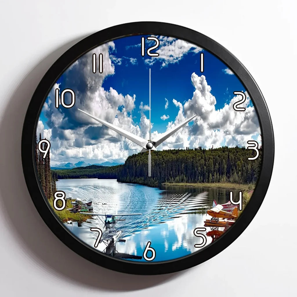 Amazing Scenary & Sea Planes aviation design on premium wood and metal wall clock.