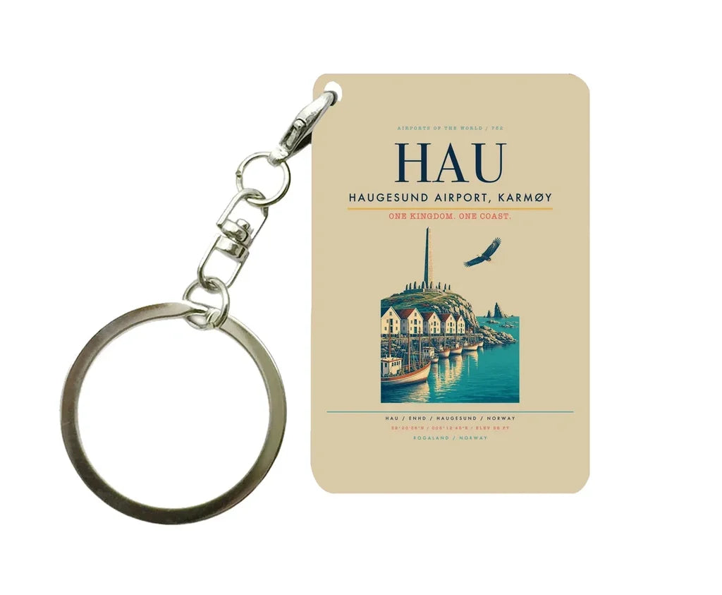 Haugesund Airport, Karmøy (HAU) design on beige key chain