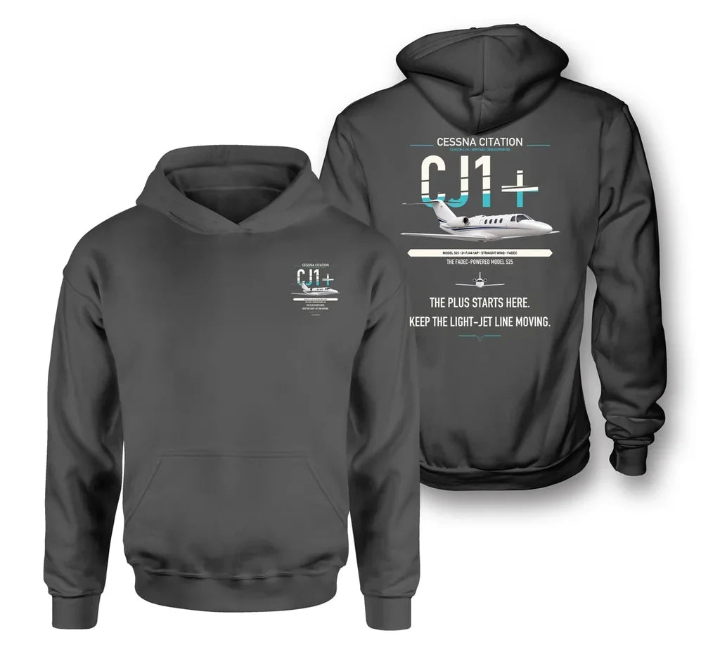 Cessna Citation CJ1+ design on dark gray double-side hoodie, double-side print
