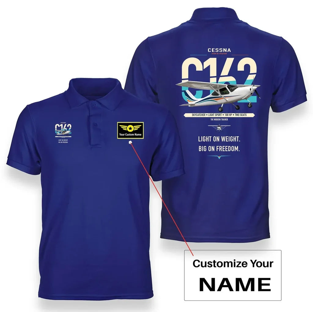 Cessna 162 Skycatcher design on blue+name double-side polo t-shirt, double-side print