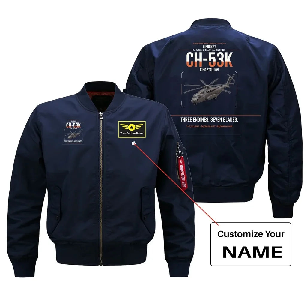 Sikorsky CH-53K King Stallion design on blue+name bomber jacket, double-side print