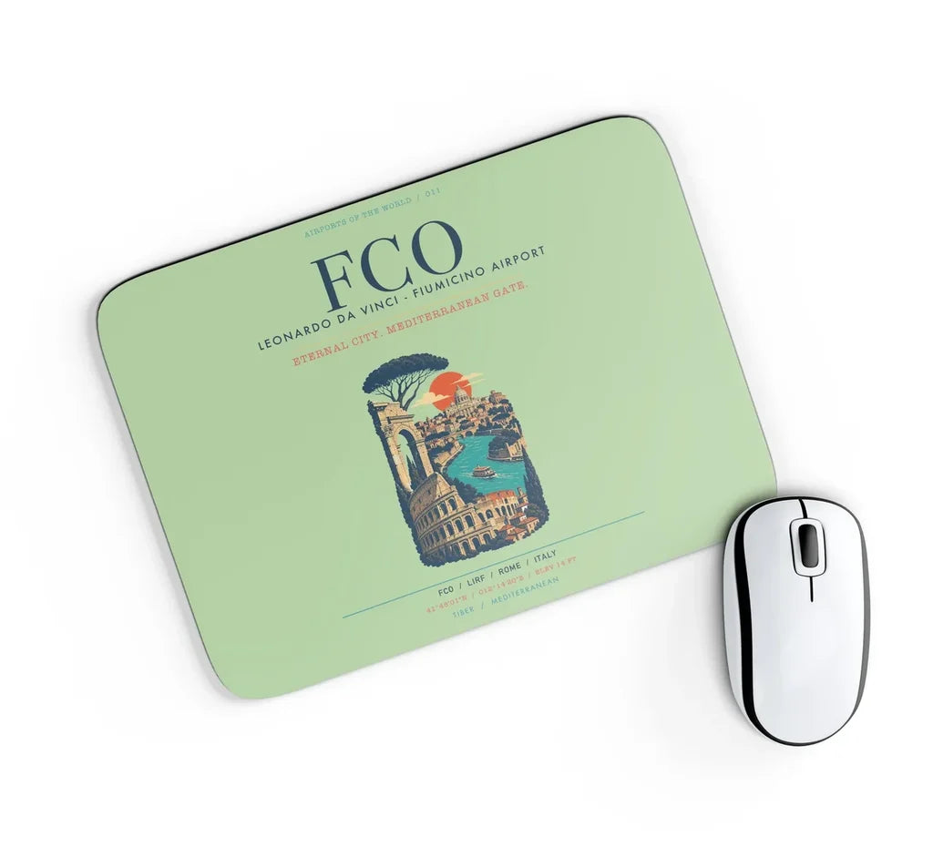 Rome Leonardo da Vinci Fiumicino Airport (FCO) design on light green rectangle mouse pad