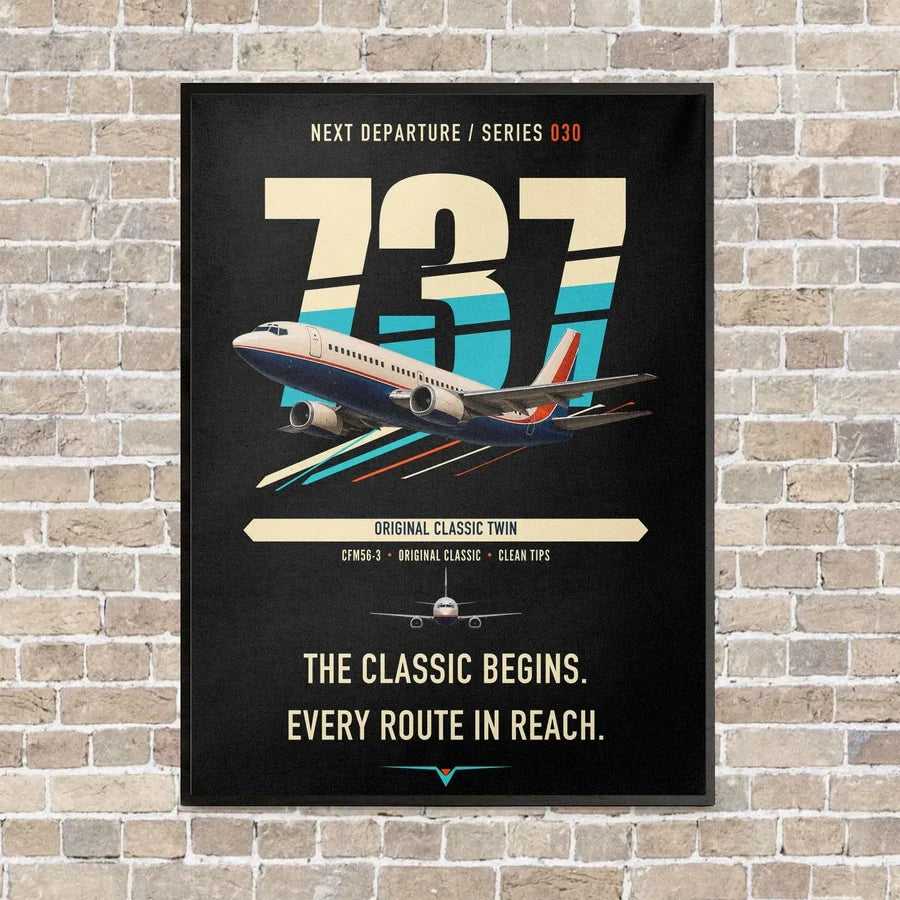 Boeing 737-300 Classic vertical canvas print - framed - black background