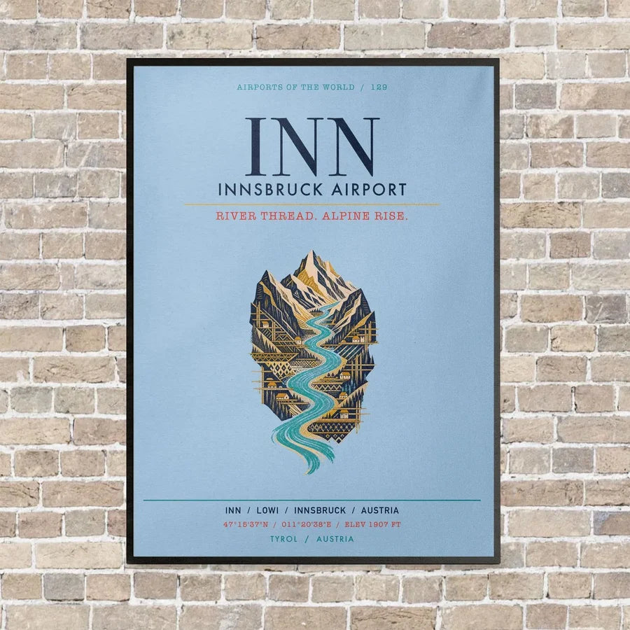 Innsbruck Airport INN vertical canvas print - framed - light blue background