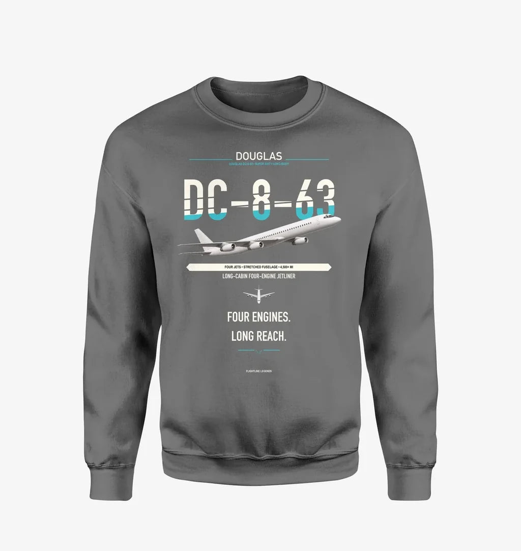 Douglas DC-8-63 design on gray sweatshirt