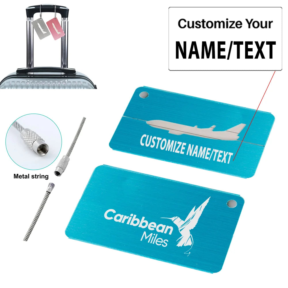 Carbbean Airlines Aluminum Airplane Luggage tag, Blue + NAME