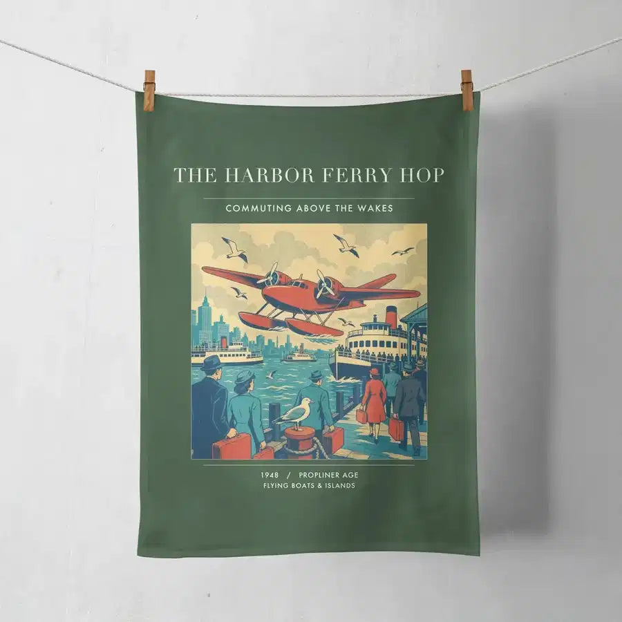 VINTAGE G4361 - The Harbor Ferry Hop - Designed Towels design on darkgreen