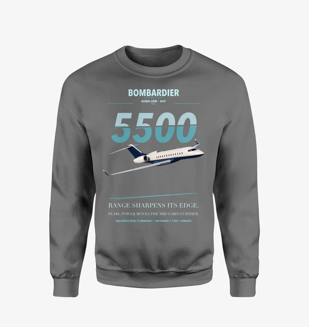 Bombardier Global 5500 design on gray sweatshirt