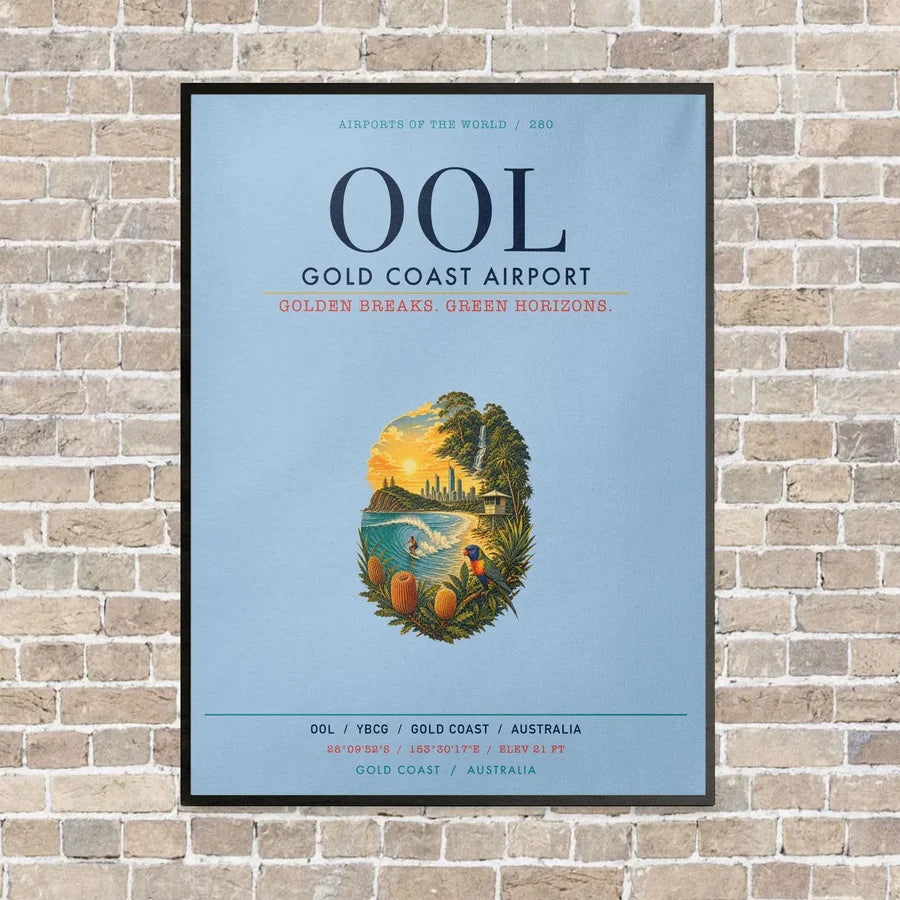 Gold Coast Airport OOL vertical canvas print - framed - light blue background