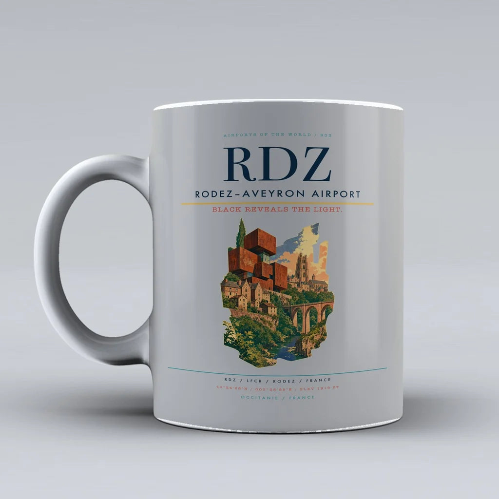 Rodez–Aveyron Airport (RDZ) airport code design on light gray ceramic mug