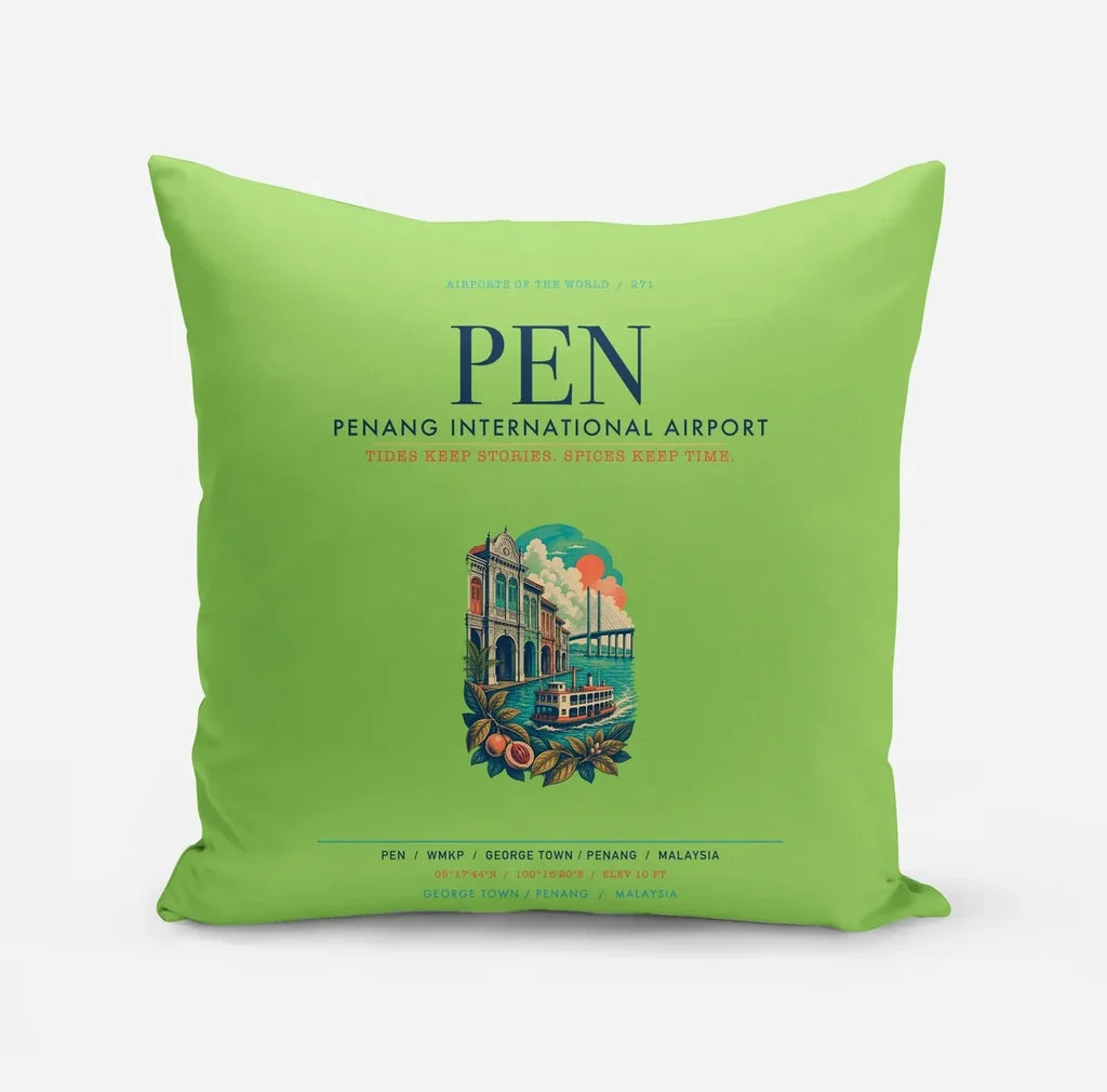 Penang International Airport (PEN) design on light green pillow