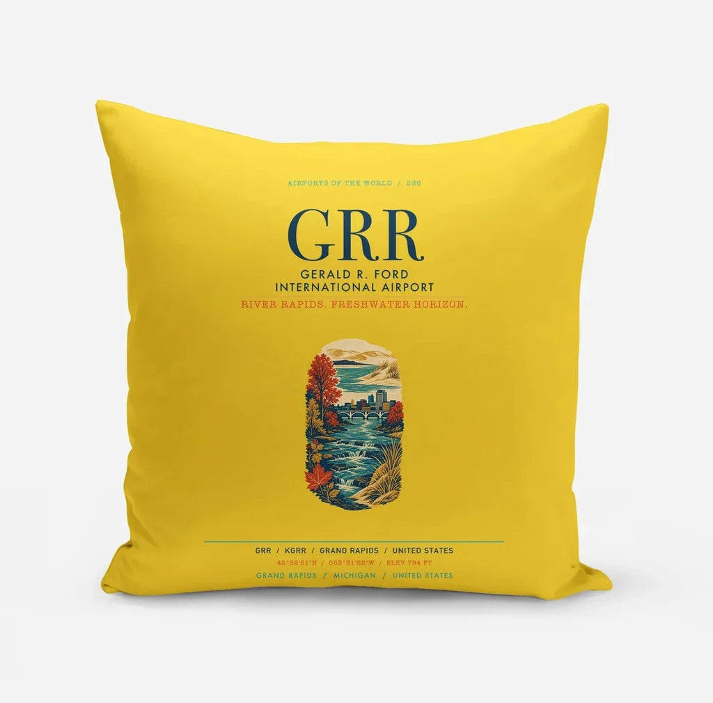 Gerald R. Ford International Airport Grand Rapids (GRR) design on yellow pillow
