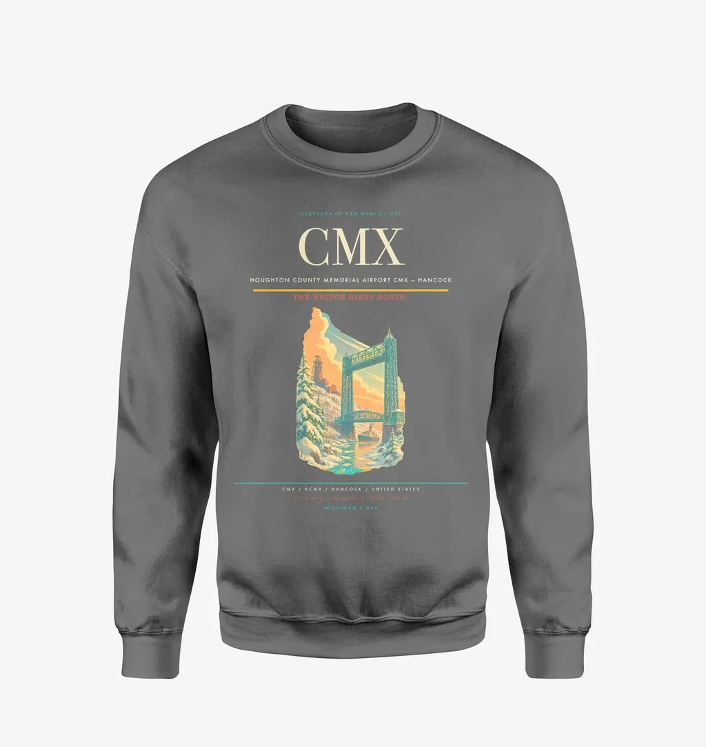 Houghton County Memorial Airport (CMX) design on gray sweatshirt