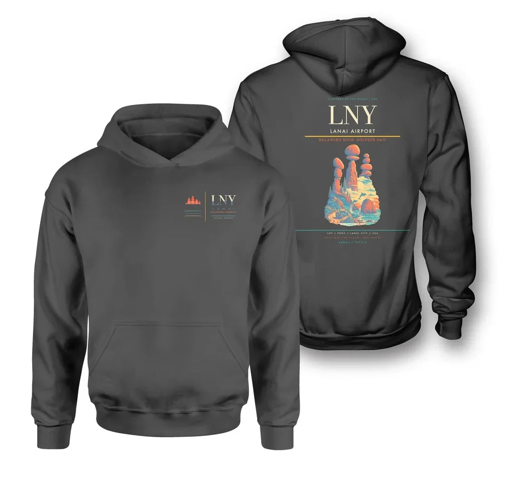 Lanai Airport (LNY) design on dark gray double-side hoodie