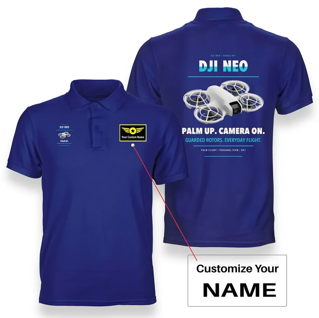 DJI Neo design on blue polo with custom name badge