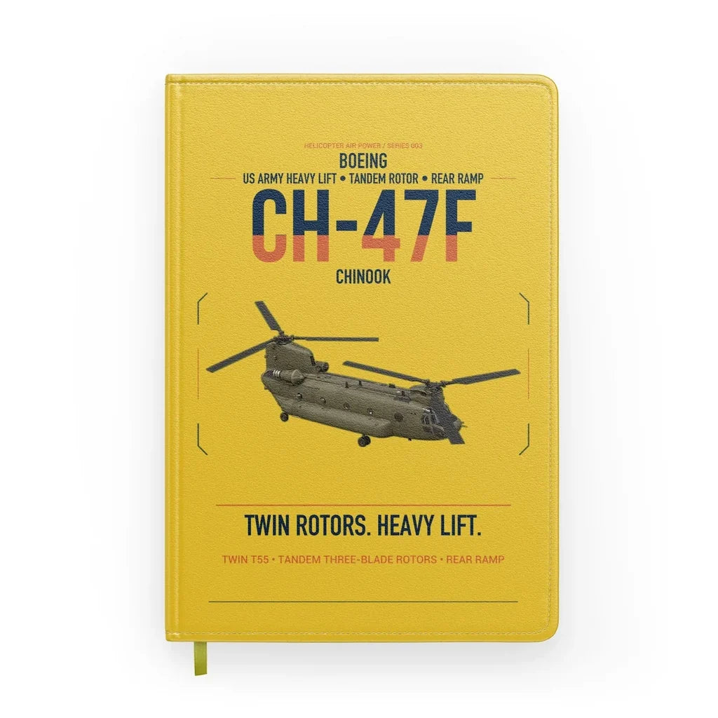 Boeing CH-47F Chinook design on yellow notebook