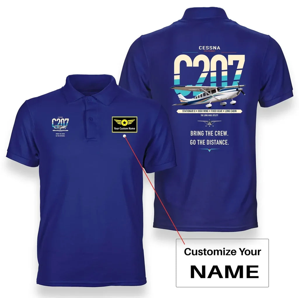 Cessna T207A Stationair 8 design on blue+name double-side polo t-shirt, double-side print