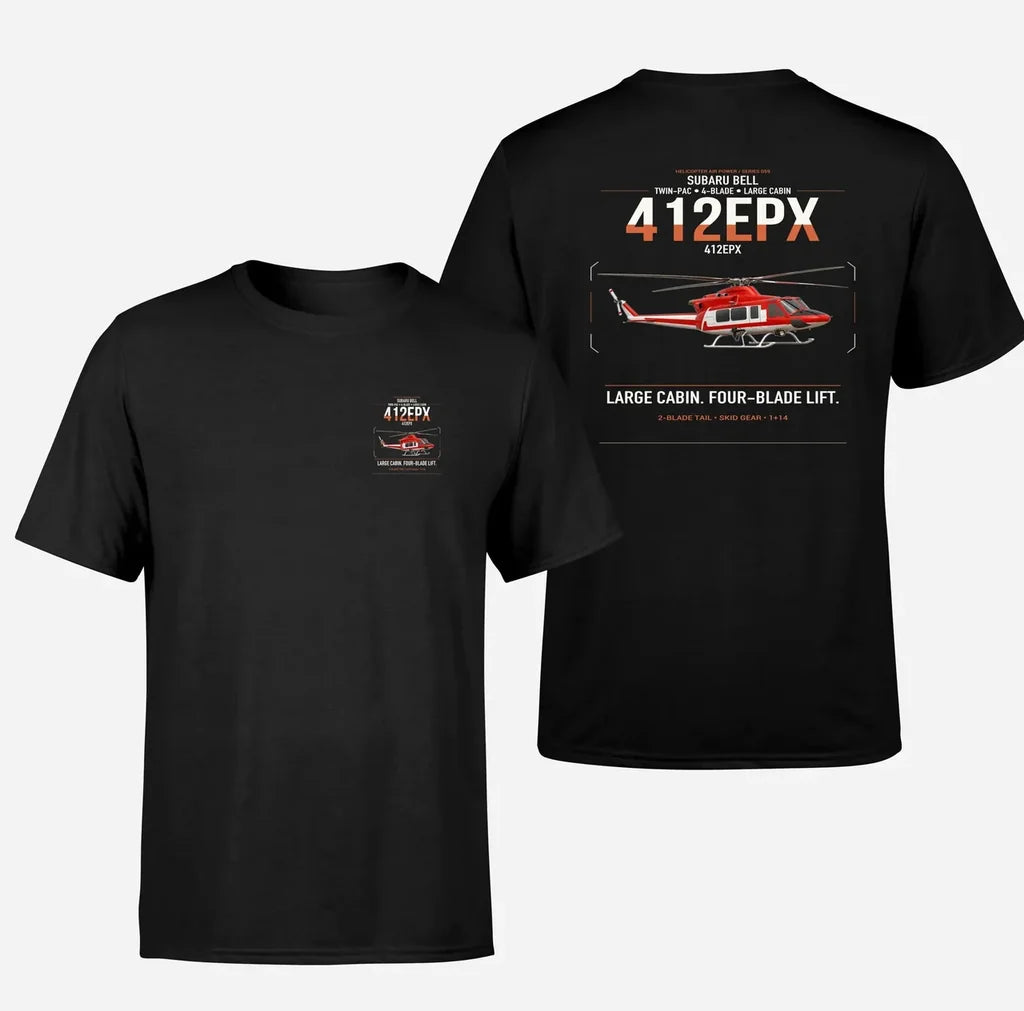 SUBARU Bell 412EPX design on black t-shirt, double-side print