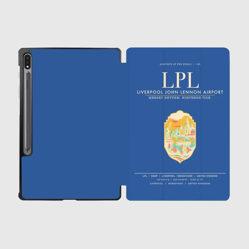 Liverpool John Lennon Airport (LPL) design on blue samsung tablet tablet case