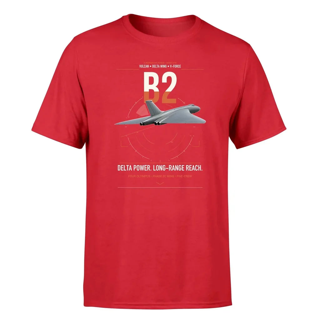 Avro Vulcan B2 design on red t-shirt, single-side print