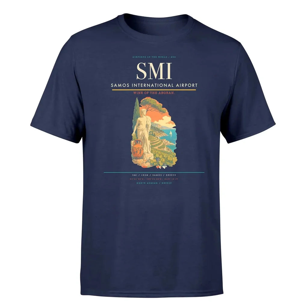 Samos International Airport (SMI) T-Shirt single-side front print in Navy Blue | samos-international-airport-smi-double-side-t-shirt