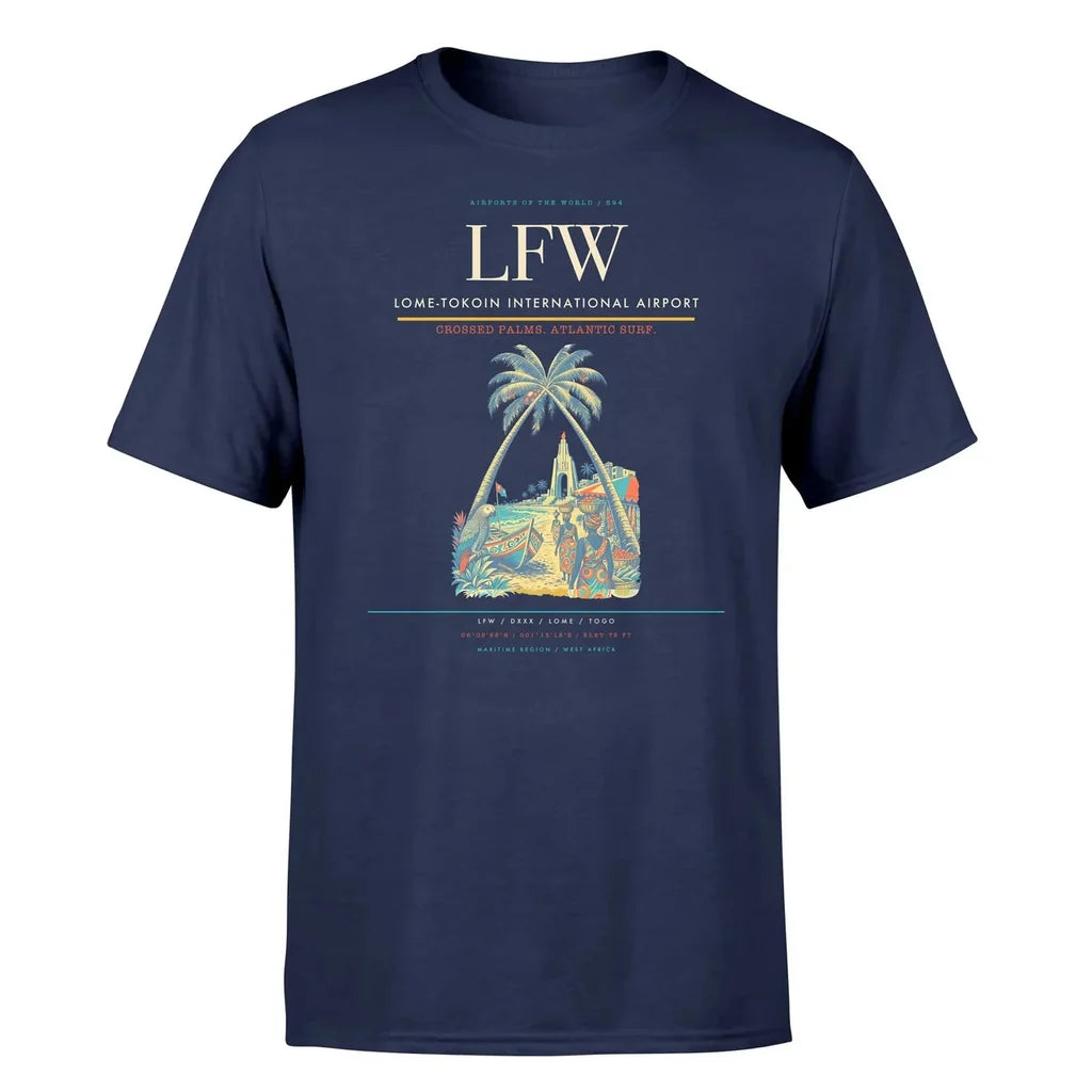 Lome-Tokoin International Airport (LFW) T-Shirt single-side front print in Navy Blue | lome-tokoin-international-airport-lfw-double-side-t-shirt