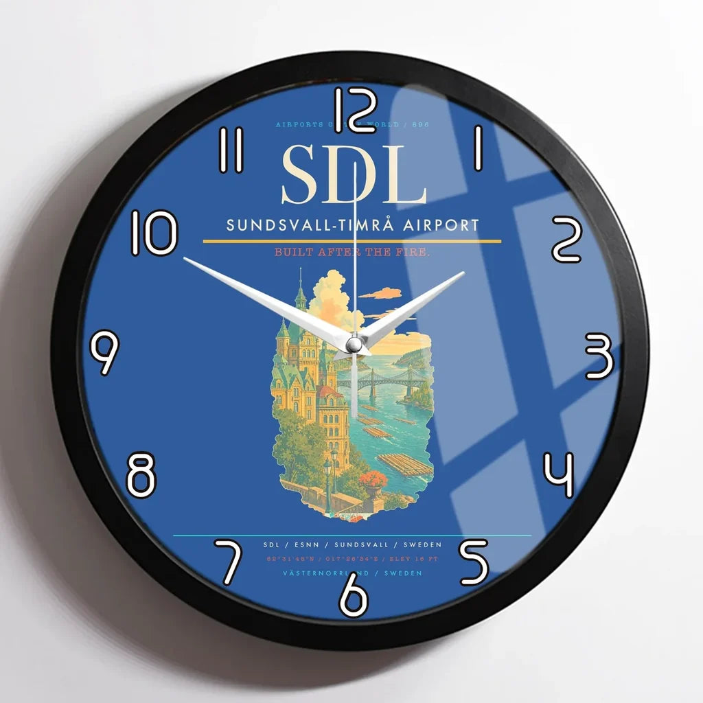 Sundsvall-Timrå Airport (SDL) design on blue framed wall clock