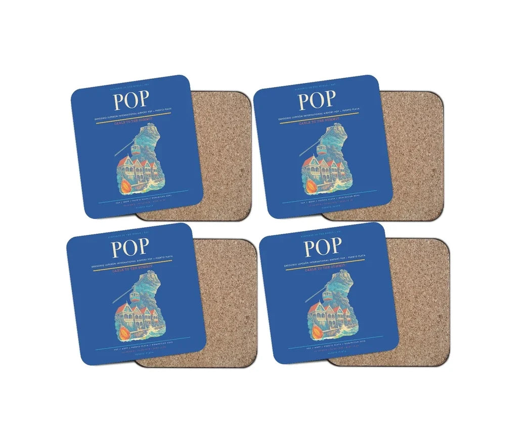 Gregorio Luperón International Airport (POP) design on blue 4 pieces set coaster