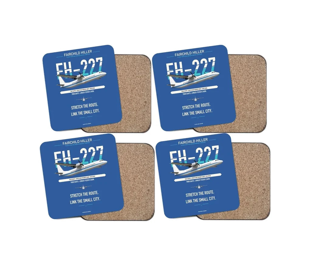 Fairchild Hiller FH-227B design on blue 4 pieces set coaster