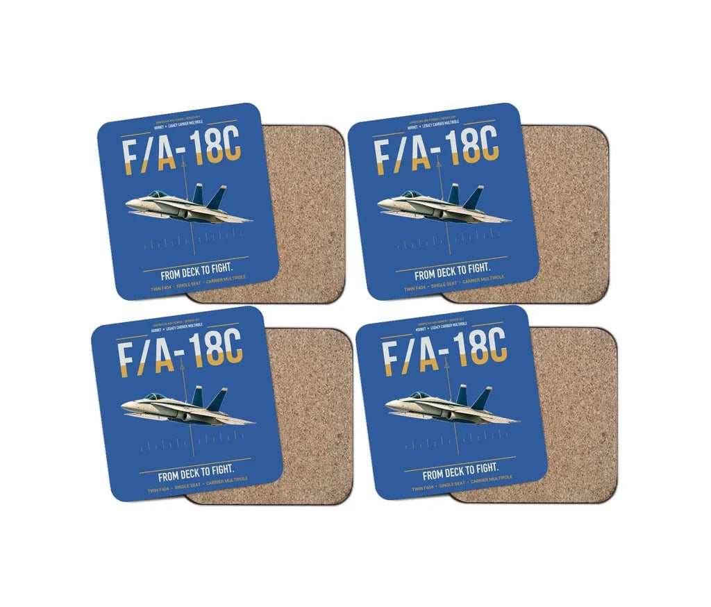 F-A-18C Hornet design on blue 4 pieces set coaster