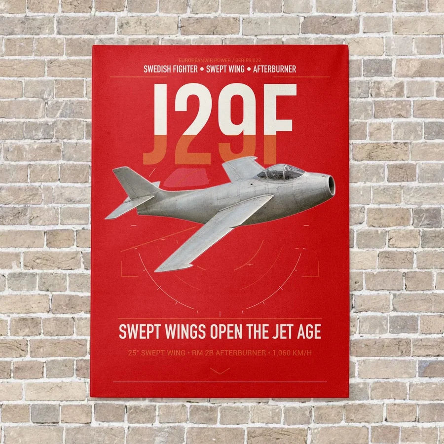 Saab J 29F Tunnan vertical canvas print - no frame - red background