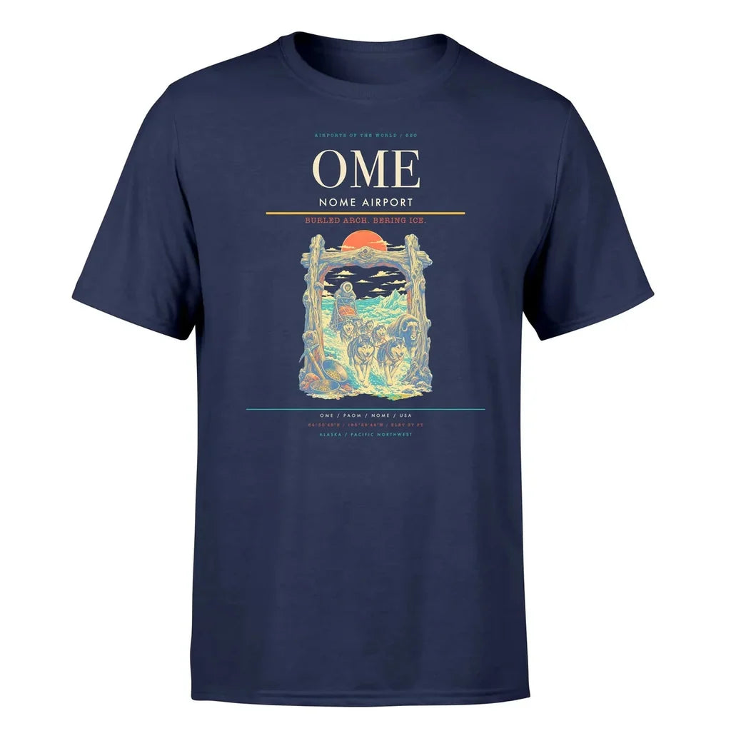Nome Airport (OME) T-Shirt single-side front print in Navy Blue | nome-airport-ome-double-side-t-shirt