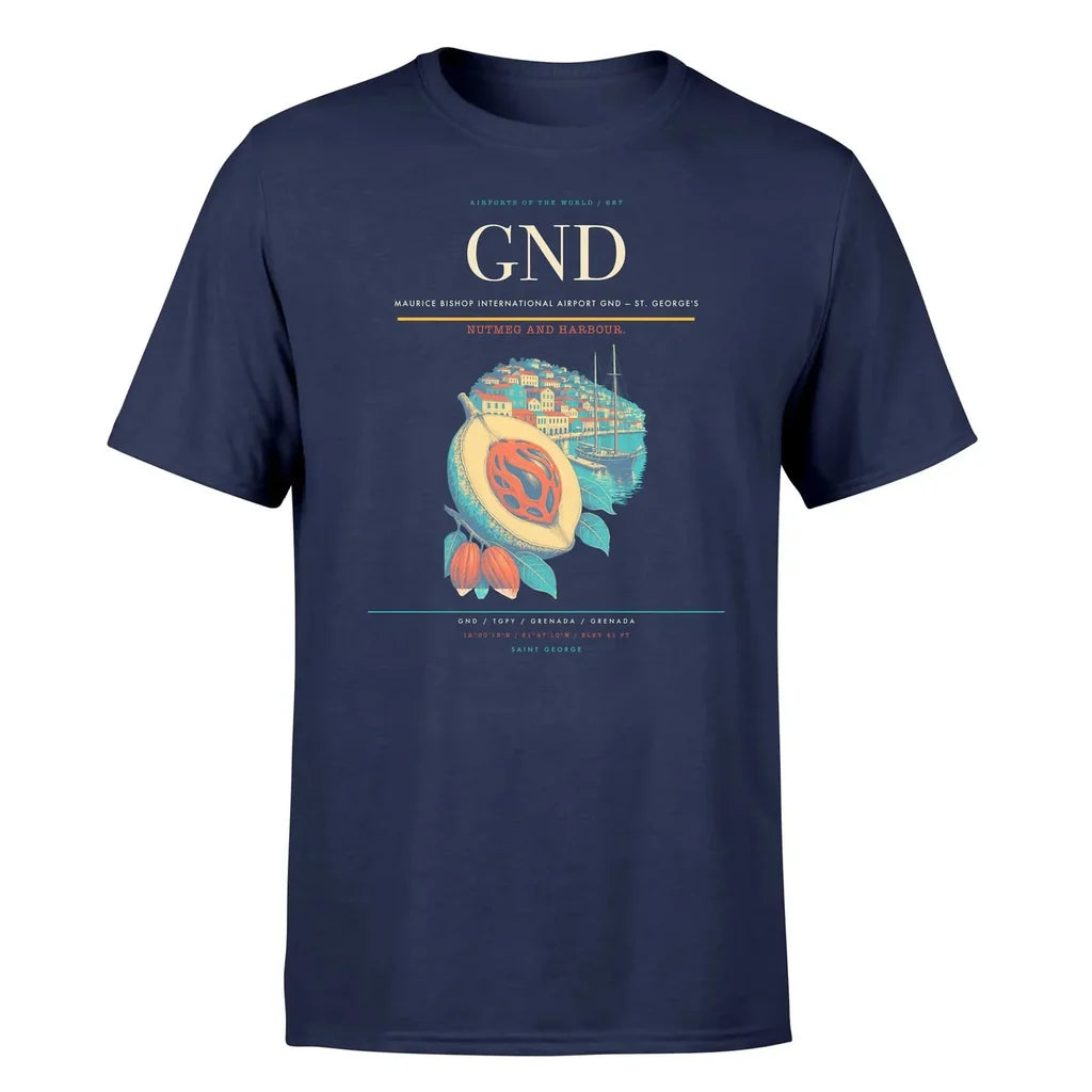 Maurice Bishop International Airport (GND) T-Shirt single-side front print in Navy Blue | maurice-bishop-international-airport-gnd-double-side-t-shirt