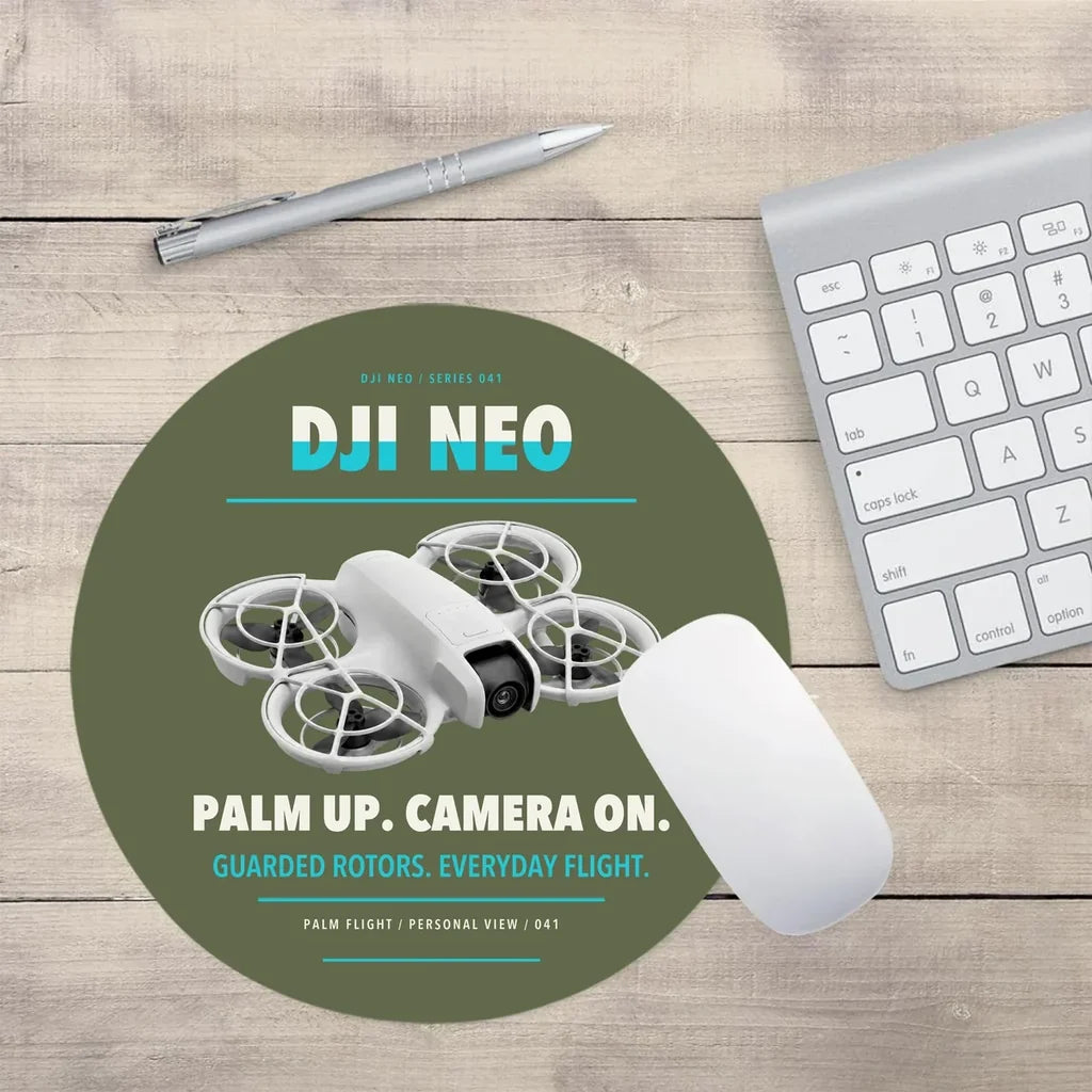 DJI Neo design on green army round mouse pad