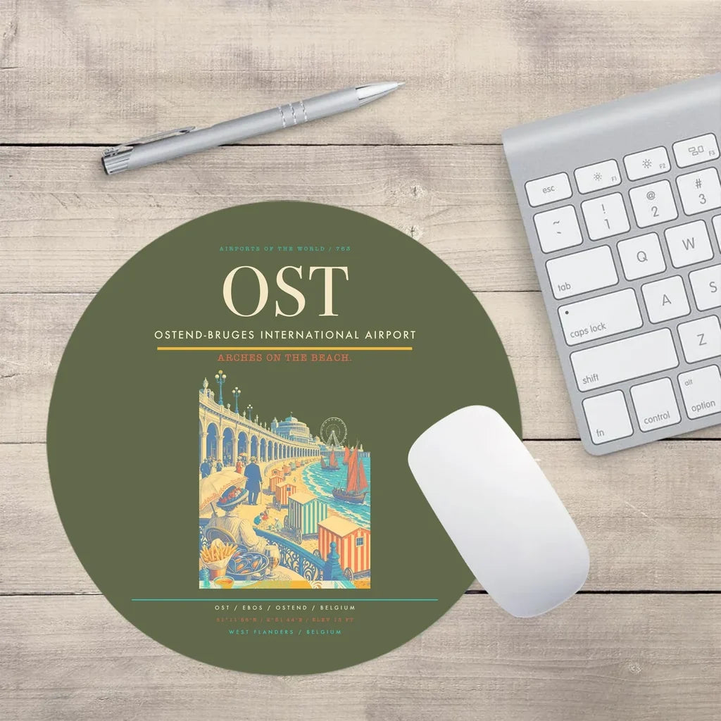 Ostend-Bruges International Airport (OST) design on green army round mouse pad