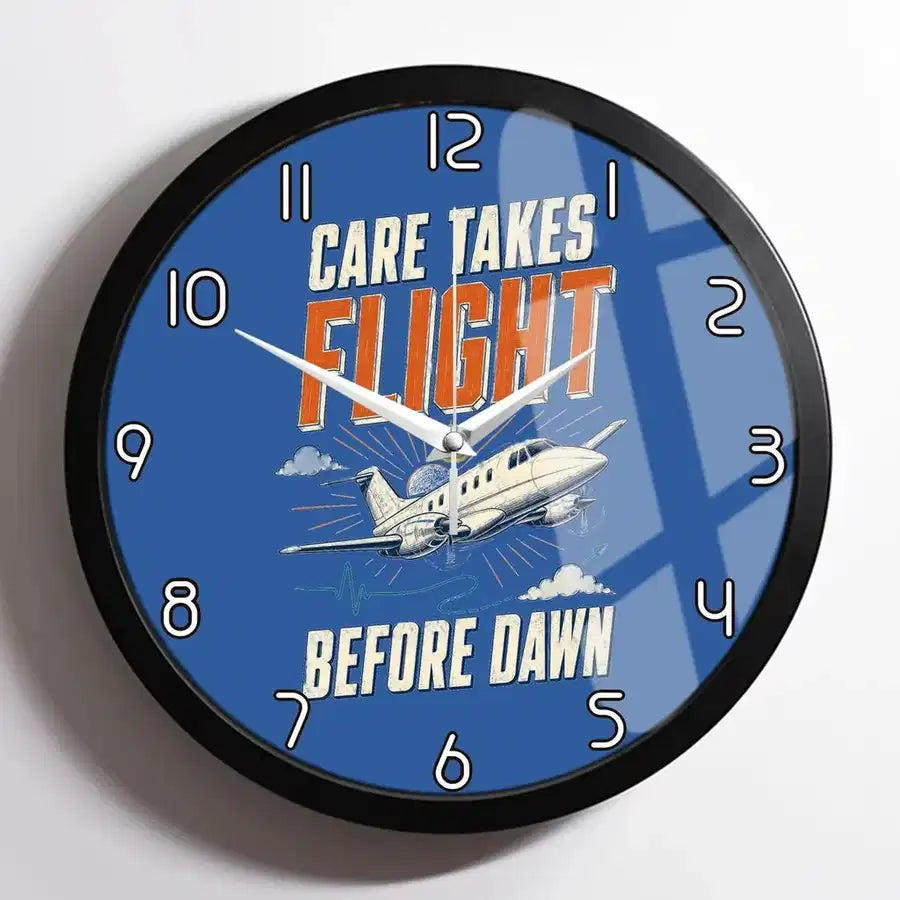 Care Takes Flight Before Dawn design on blue framed wall clock