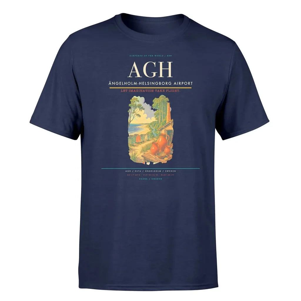 Ängelholm-Helsingborg Airport (AGH) T-Shirt single-side front print in Navy Blue | ängelholm-helsingborg-airport-agh-double-side-t-shirt