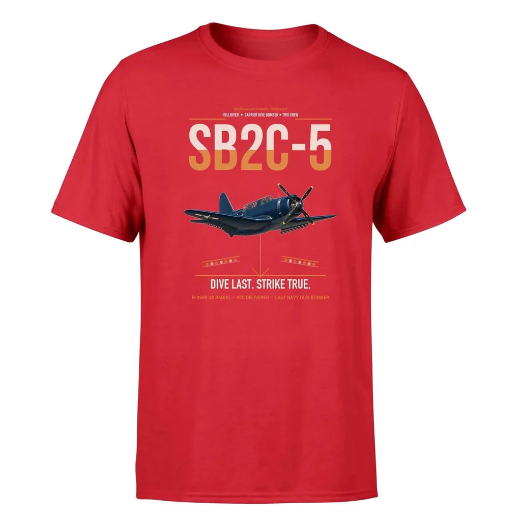 SB2C-5 Helldiver design on red double-side t-shirt, single-side print