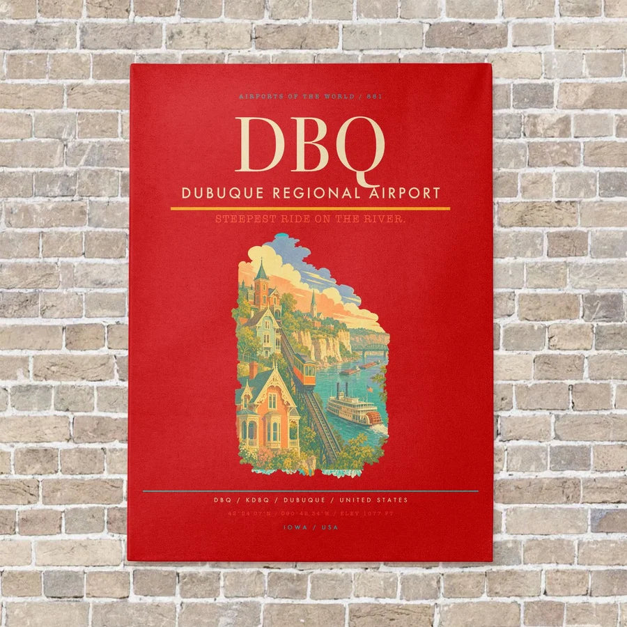 Dubuque Regional Airport DBQ vertical canvas print - no frame - red background