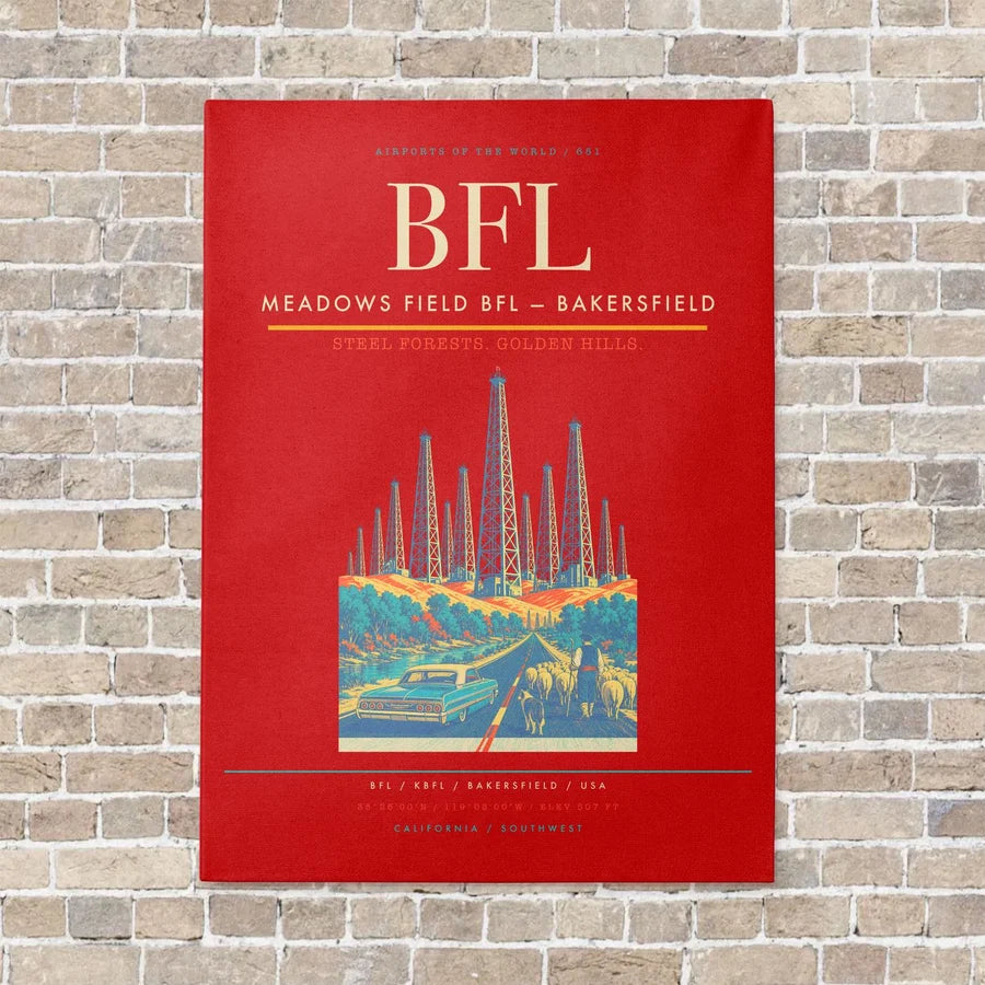 Meadows Field BFL — Bakersfield vertical canvas print - no frame - red background