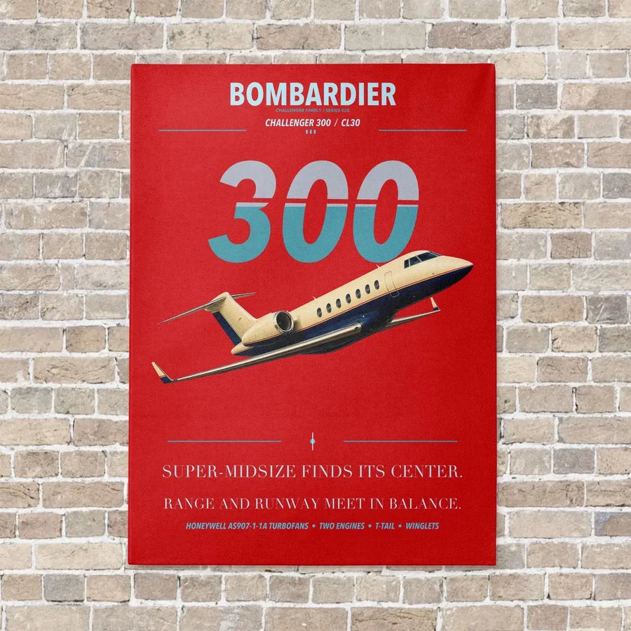 Bombardier Challenger 300 vertical canvas print - no frame - red background