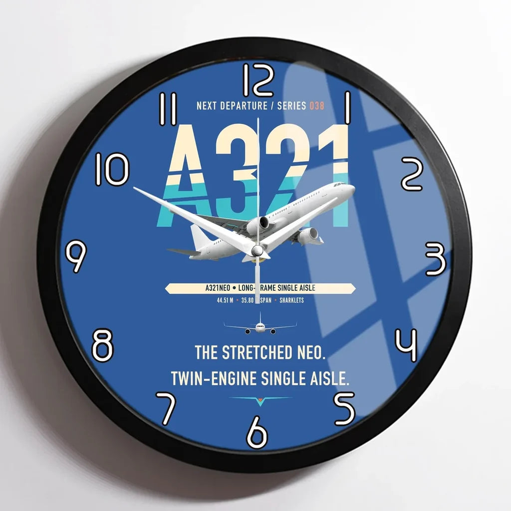 Airbus A321neo design on blue framed wall clock