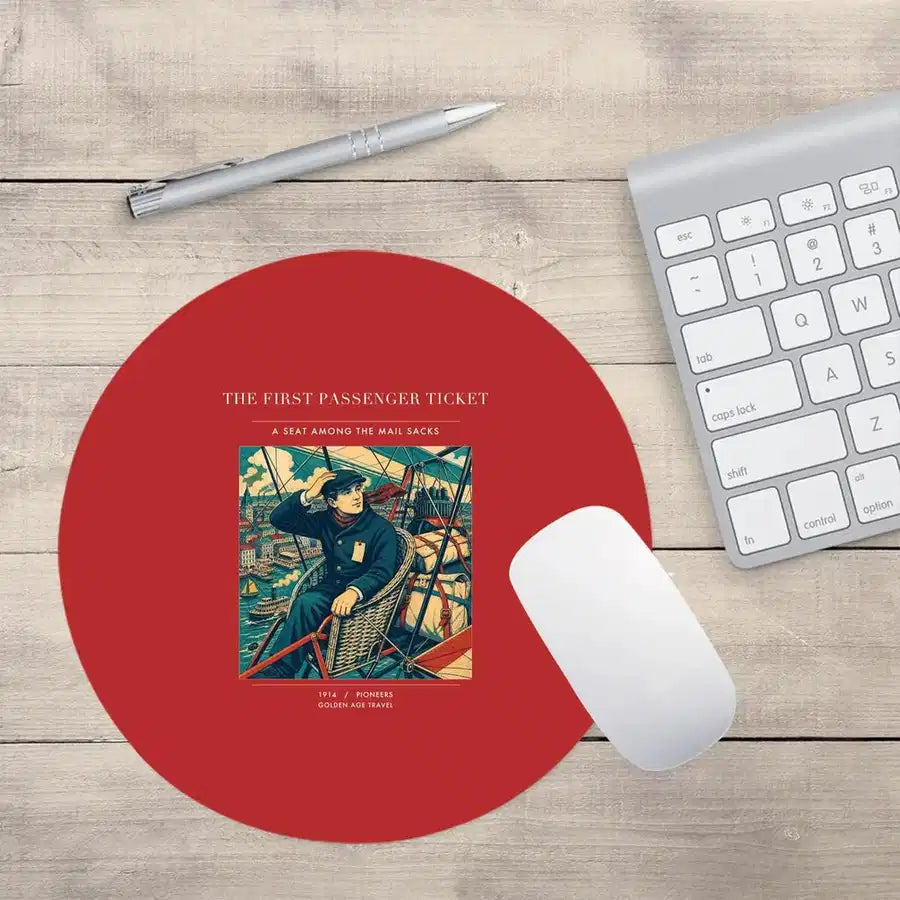 VINTAGE G4321 - The First Passenger Ticket - Designed Mouse Pads design on red round