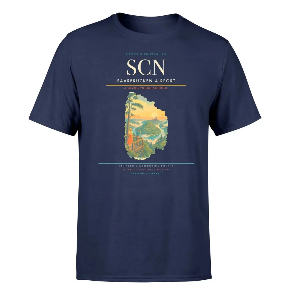 Saarbrucken Airport (SCN) T-Shirt single-side front print in Navy Blue | saarbrucken-airport-scn-double-side-t-shirt