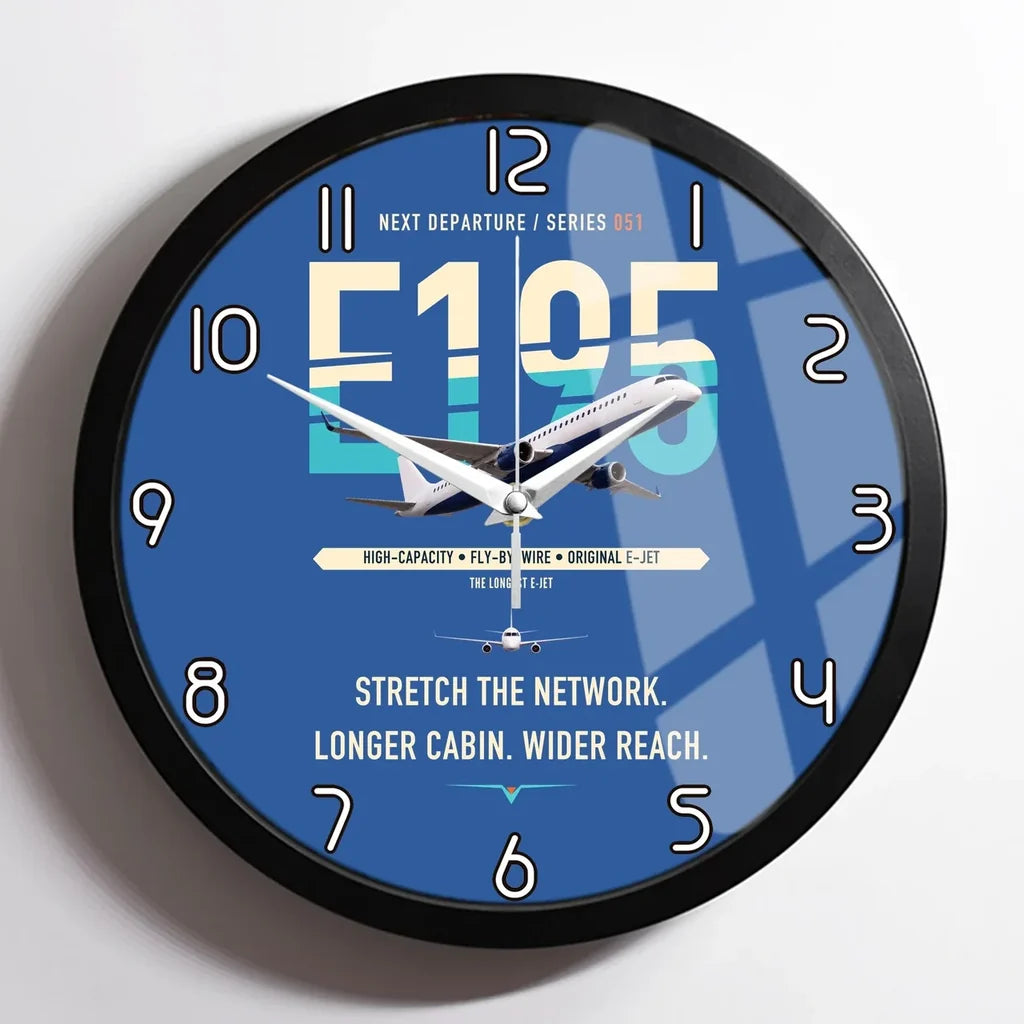 Embraer E195 design on blue framed wall clock