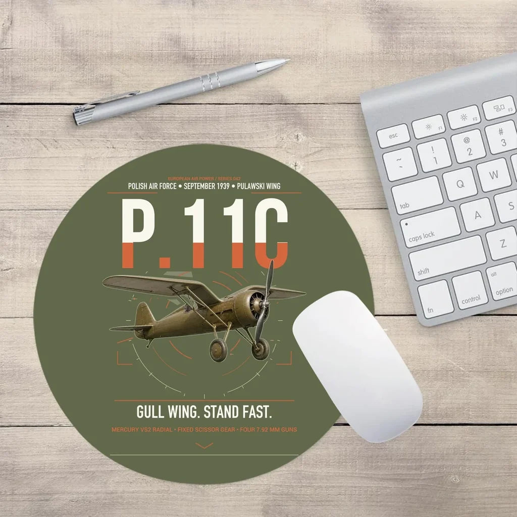PZL P.11c design on green army round mouse pad