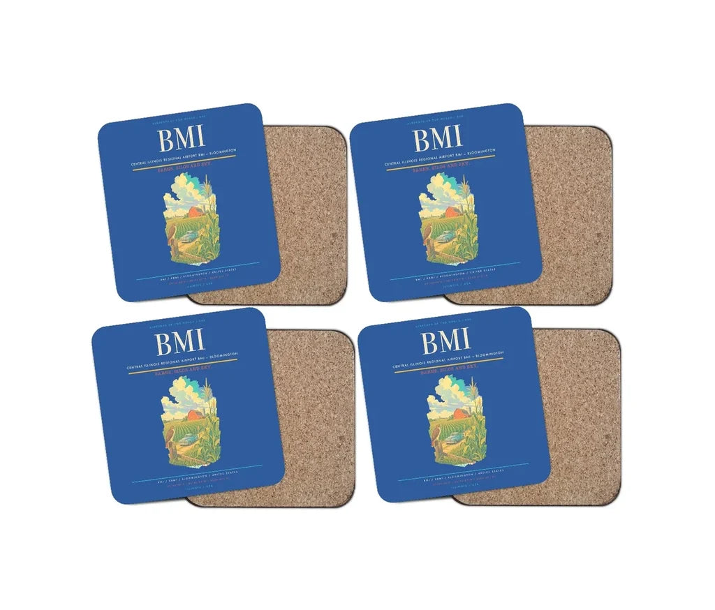 Central Illinois Regional Airport (BMI) design on blue 4 pieces set coaster