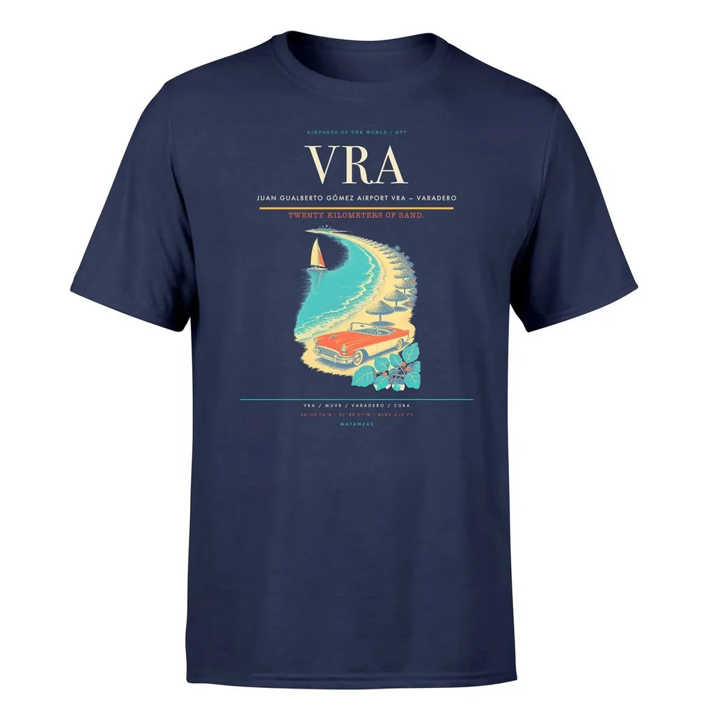 Juan Gualberto Gómez Airport (VRA) T-Shirt single-side front print in Navy Blue | juan-gualberto-gómez-airport-vra-double-side-t-shirt