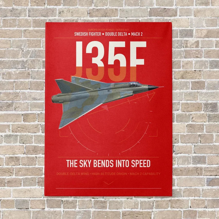 Saab J 35F Draken vertical canvas print - no frame - red background