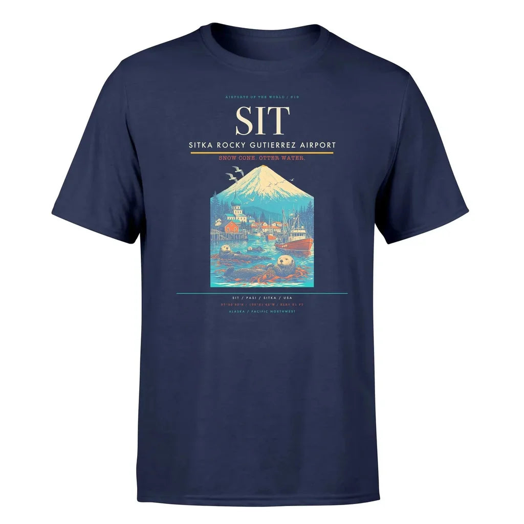Sitka Rocky Gutierrez Airport (SIT) T-Shirt single-side front print in Navy Blue | sitka-rocky-gutierrez-airport-sit-double-side-t-shirt